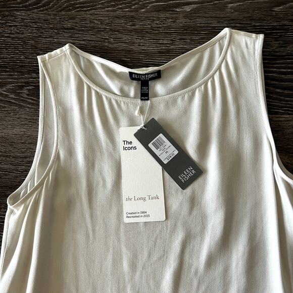 Eileen Fisher 100% Silk Georgette Crêpe Long Shell Bone Bateau Neck Top S Petite - Picture 14 of 16